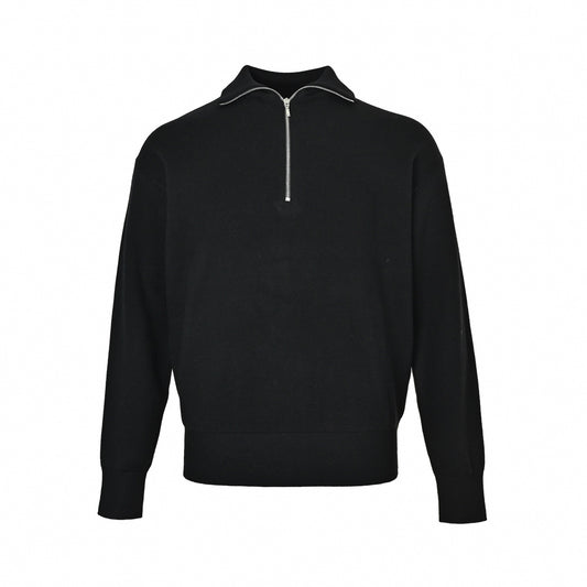 Metal CC Back Logo Half-Zip Wool Knit Sweater in Black