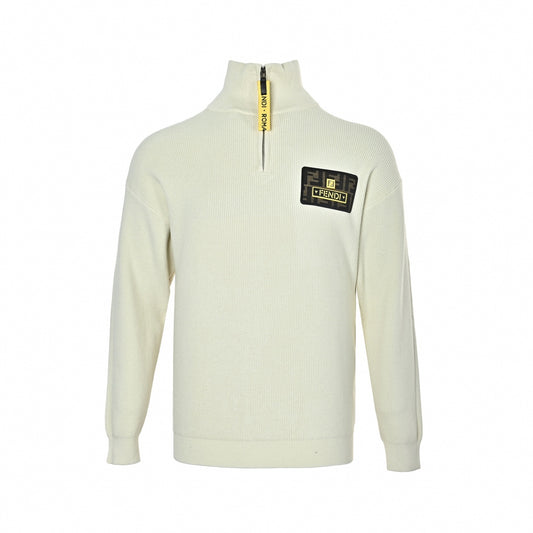 FF Patch Half-Zip Ribbed Knit Wool Jumper in Off-White & Yellow