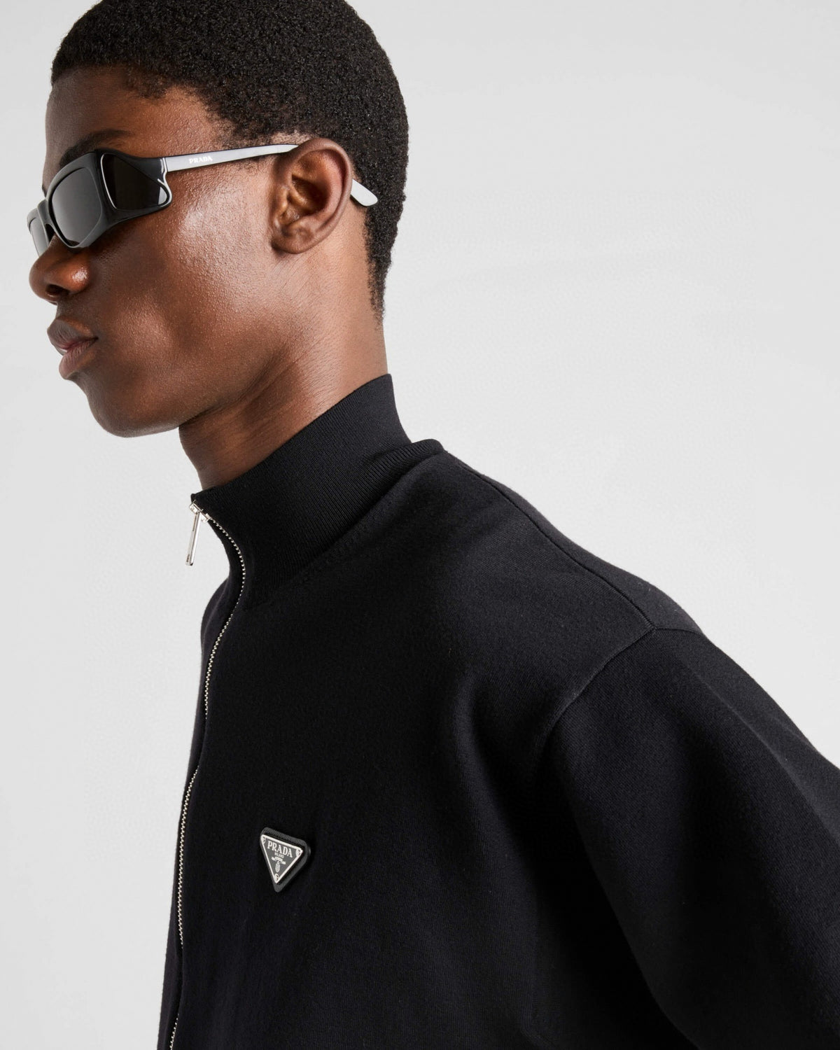 Enamel Triangle Logo Full-Zip Wool Knit Cardigan in Black
