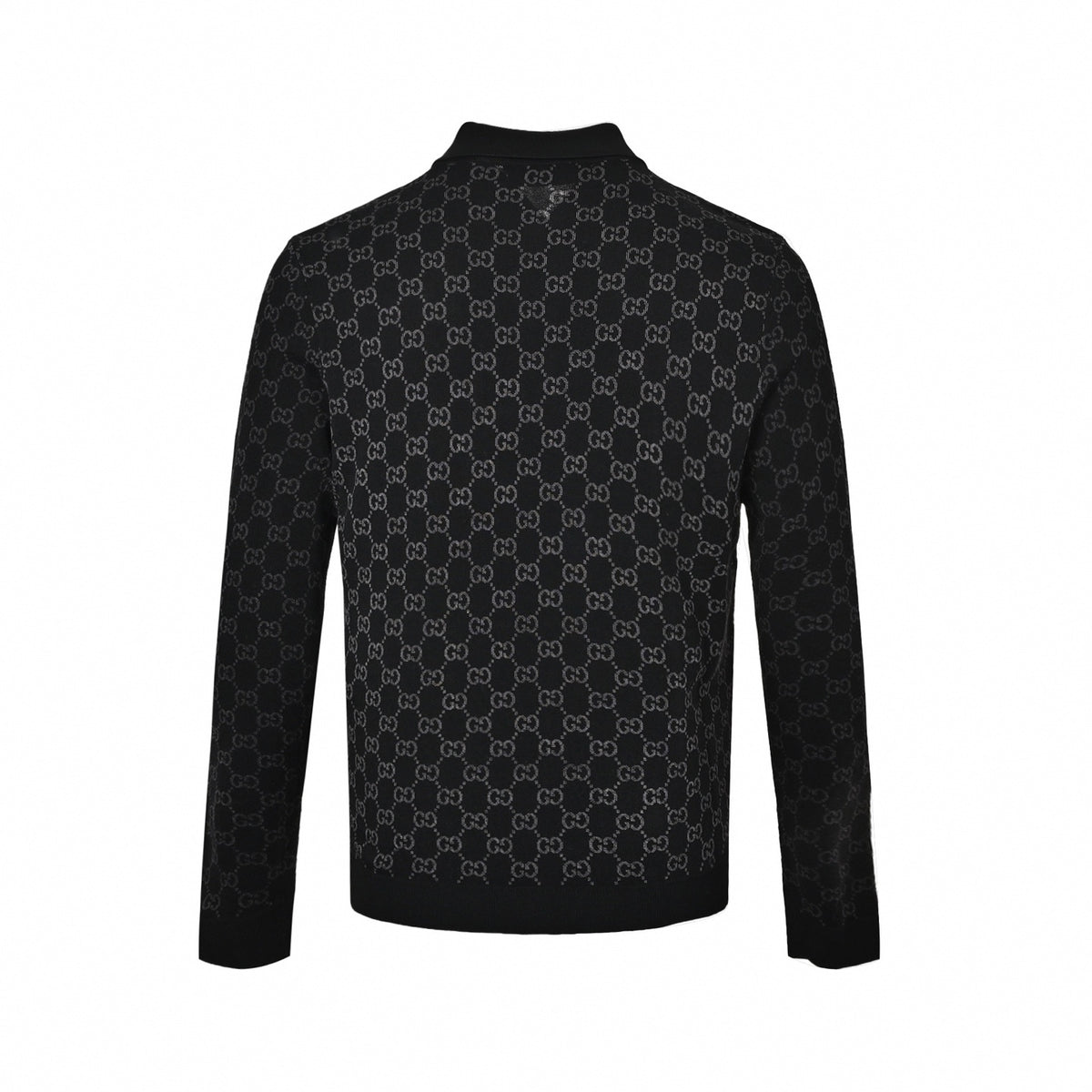 GG Jacquard Long-Sleeved Knit Polo Jumper in Black & Grey
