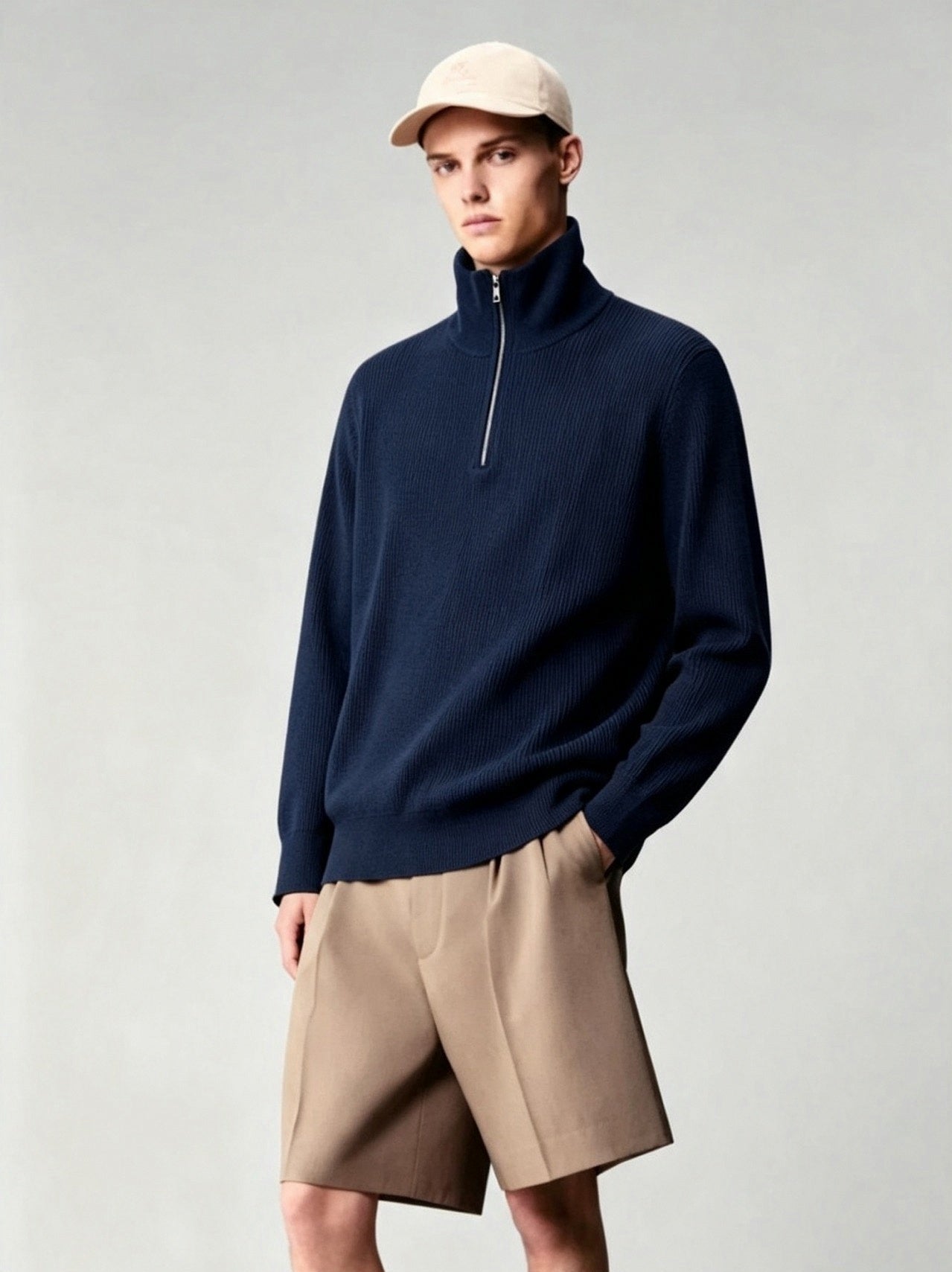 Navy Ribbed Quarter-Zip Knit Sweater