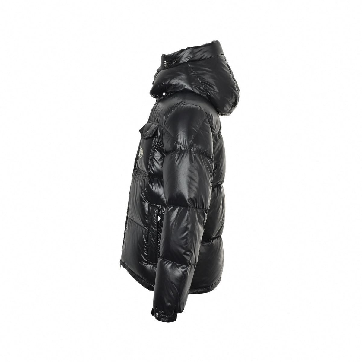 Tricolor Zip Hooded Down Puffer Jacket in Shiny Black