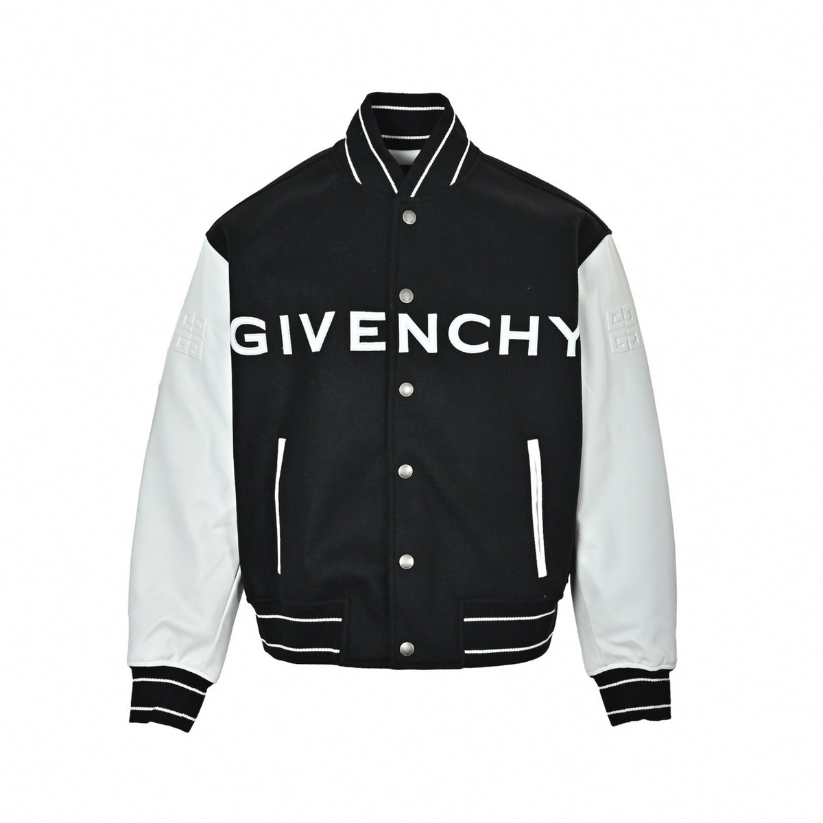 Logo Leather-Sleeved Varsity Jacket in Black & White