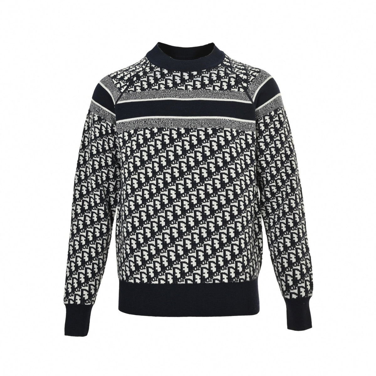 Reversible Oblique Jacquard Crewneck Sweater in Deep Navy & White