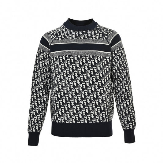 Reversible Oblique Jacquard Crewneck Sweater in Deep Navy & White