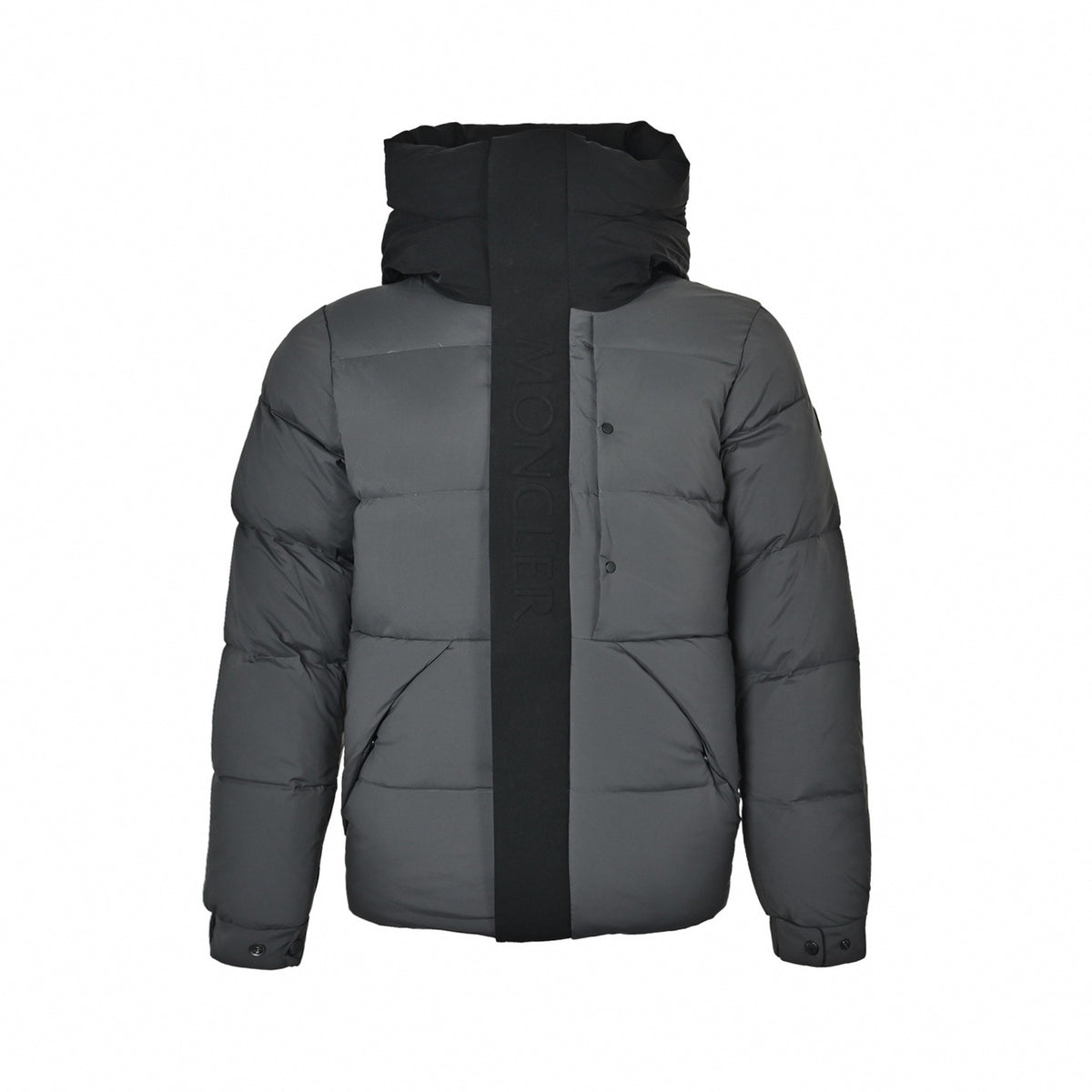 Madeira Embossed Logo Hooded Short Down Jacket in Charcoal Grey & Black