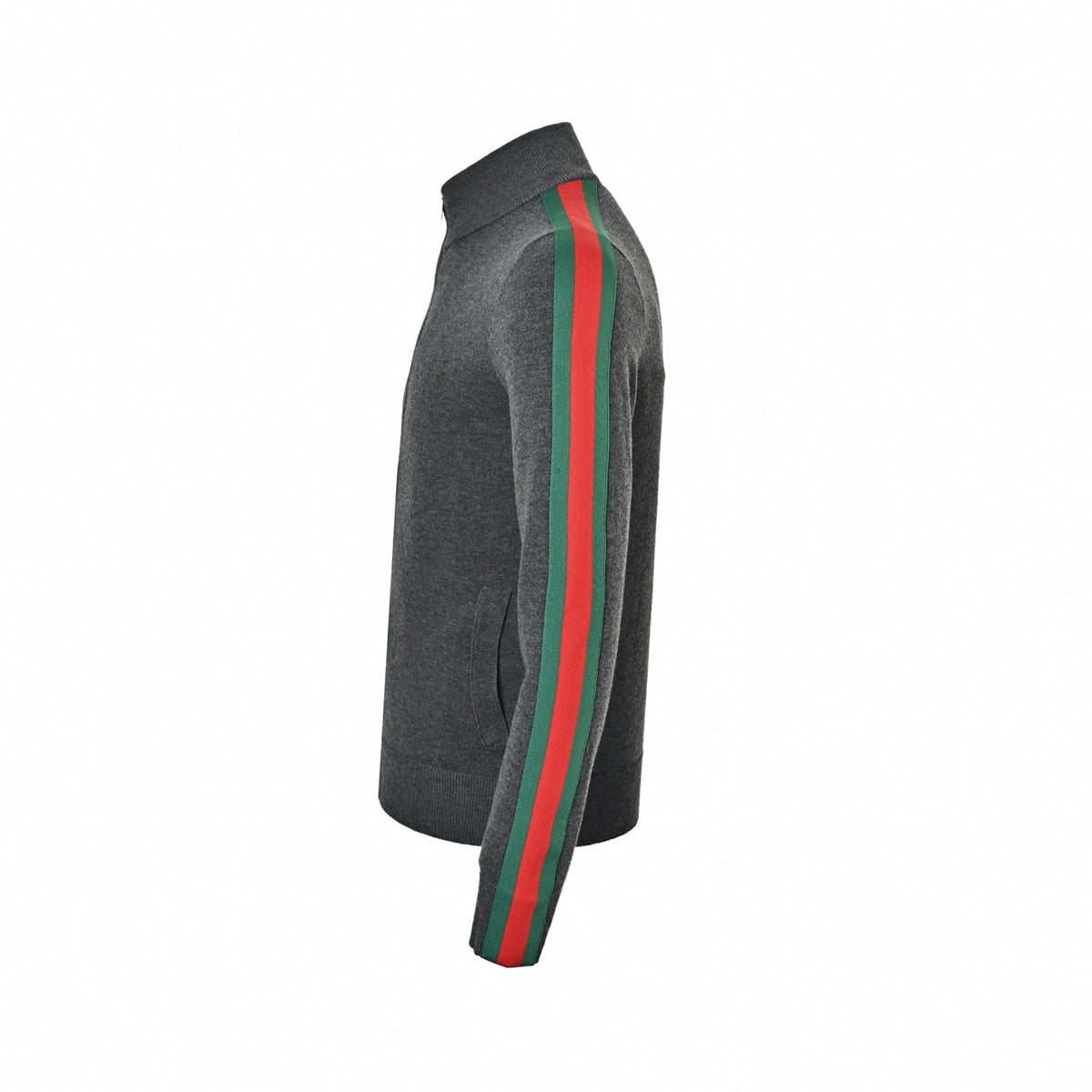 Web Stripe Wool Full-Zip Knit Cardigan Track Jacket in Charcoal Grey