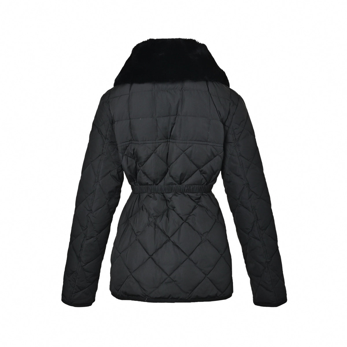 Diamond Quilted Fur-Collar Belted Jacket in Black