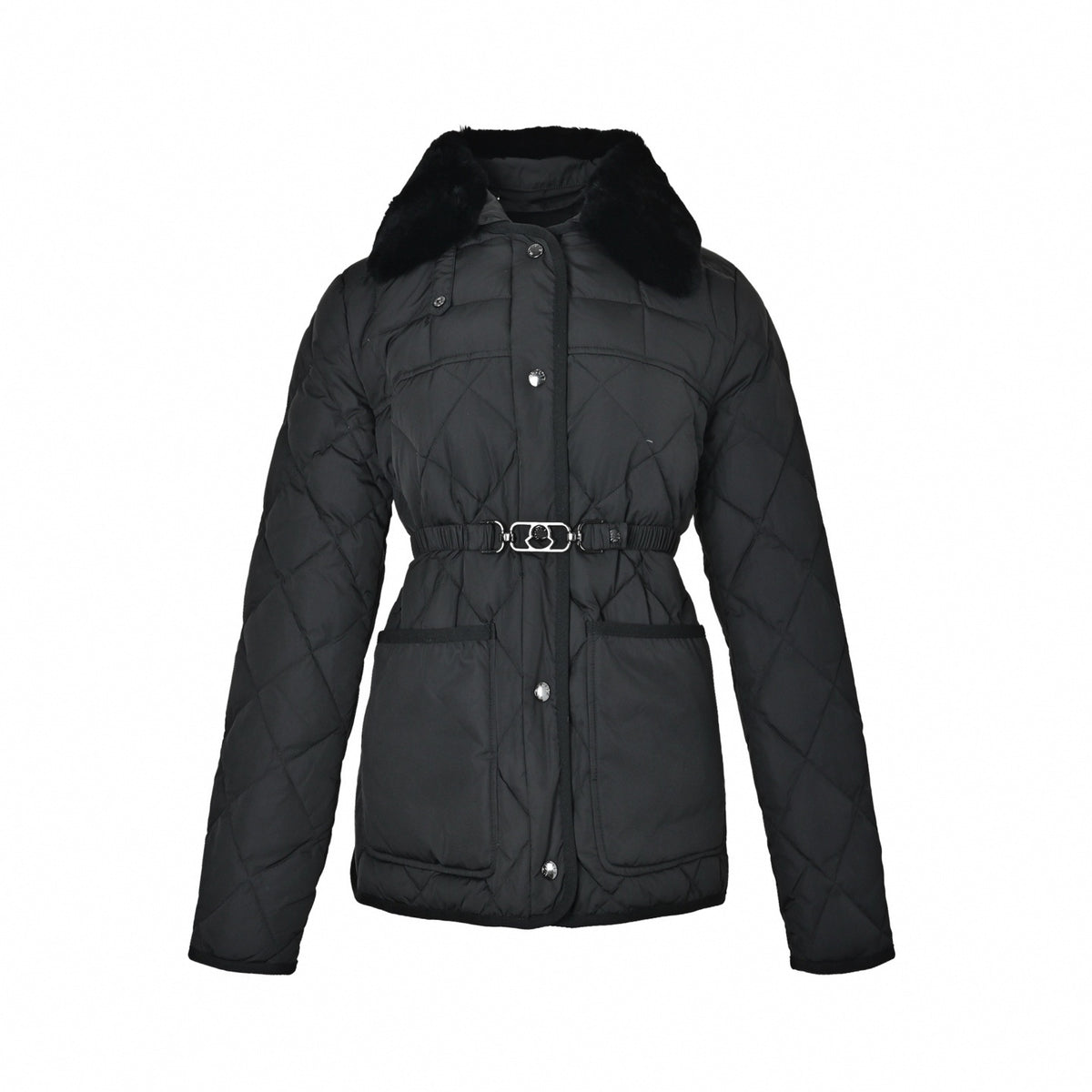 Diamond Quilted Fur-Collar Belted Jacket in Black