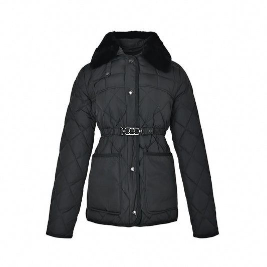 Diamond Quilted Fur-Collar Belted Jacket in Black