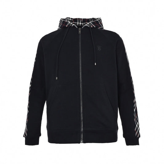 TB Monogram Zip-Up Checked Trim Hoodie | Navy