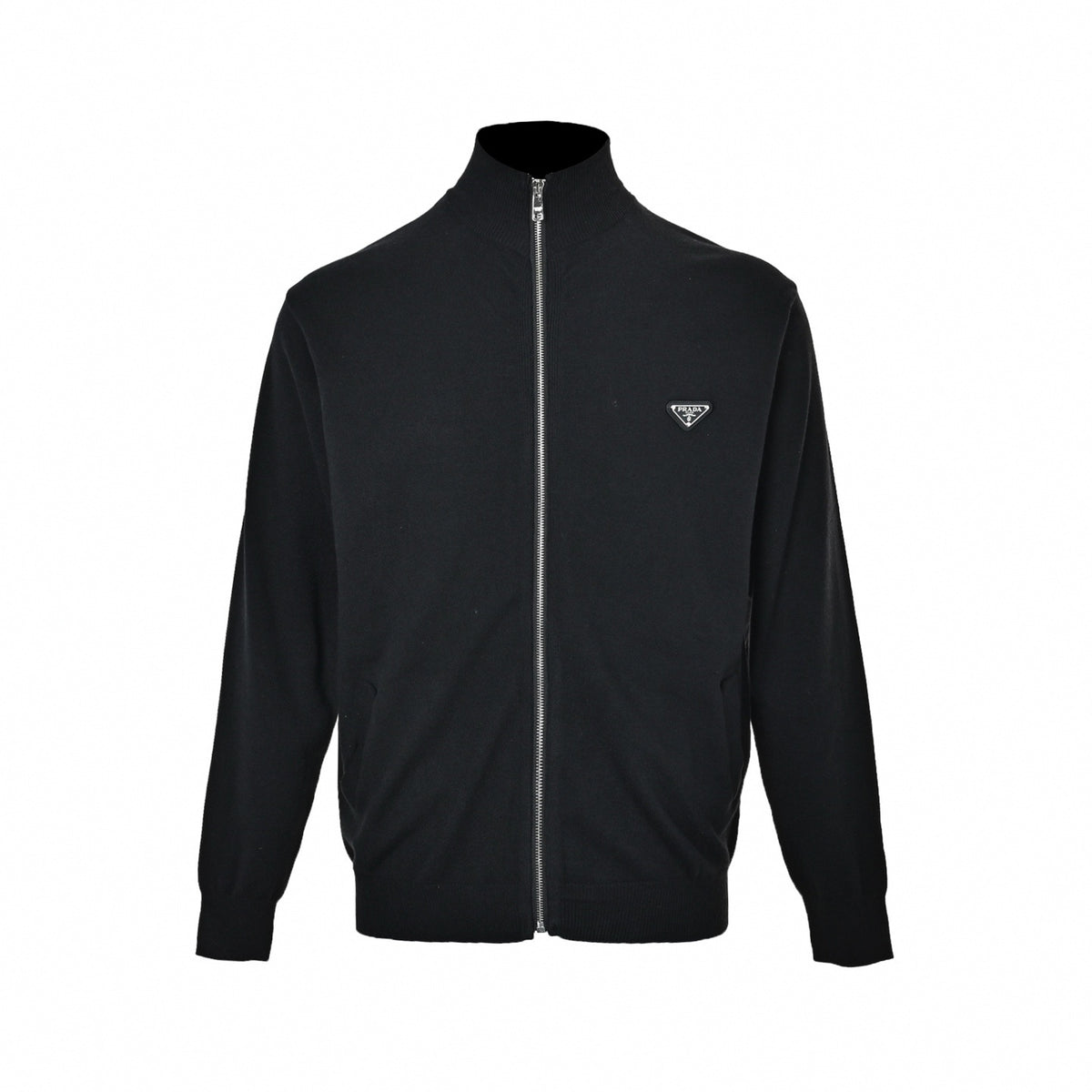 Enamel Triangle Logo Full-Zip Wool Knit Cardigan in Black