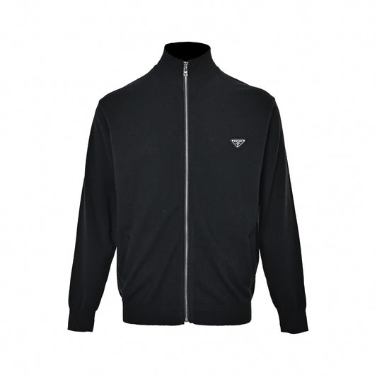 Enamel Triangle Logo Full-Zip Wool Knit Cardigan in Black