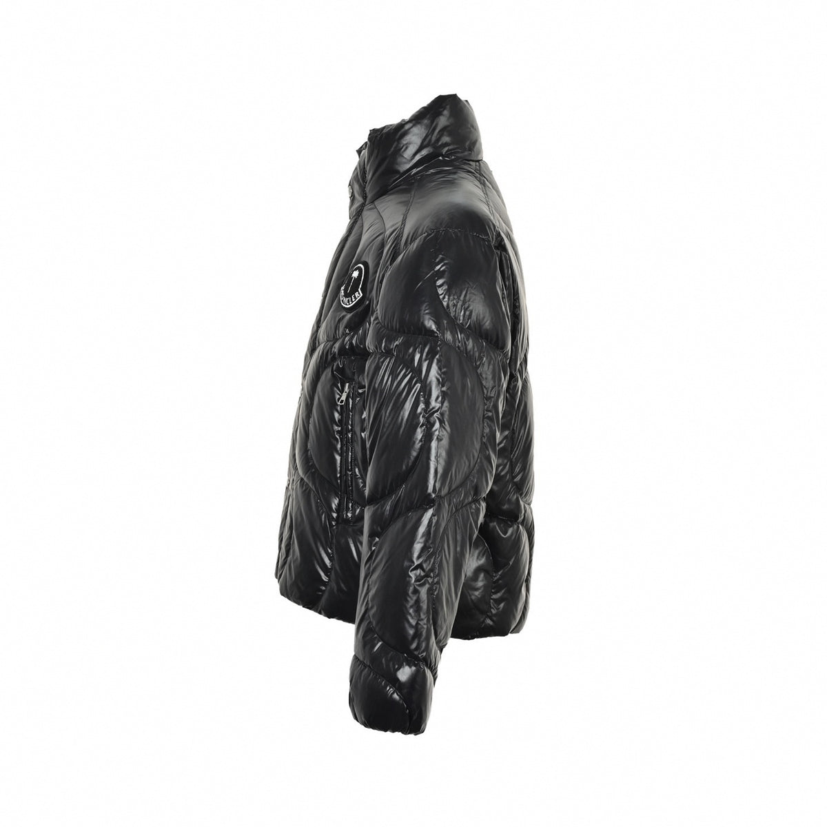 Shiny Wave-Quilted Down Puffer Jacket in Glossy Black