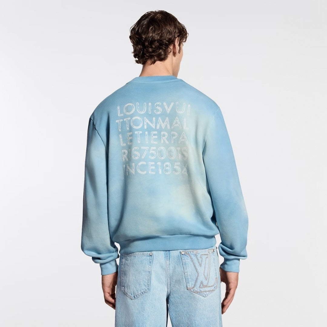 Clouds Wash L.V.M. Embroidered Crewneck Sweatshirt in Sky Blue