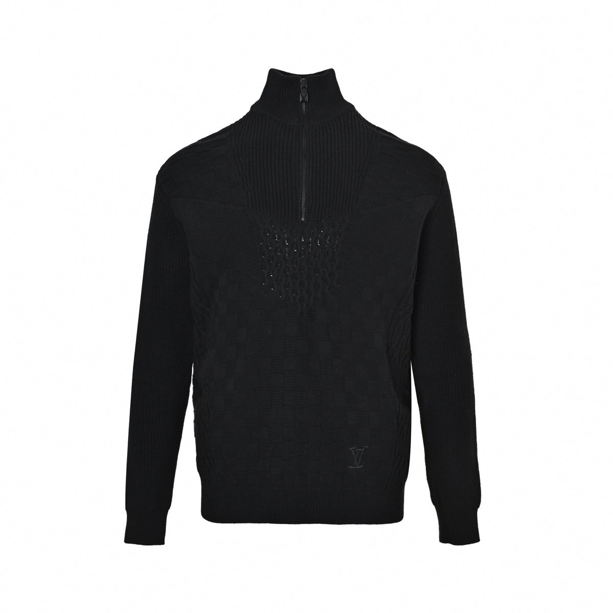 Damier 3D Textured Half-Zip Wool Sweater in Black