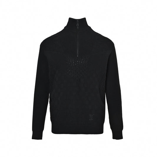 Damier 3D Textured Half-Zip Wool Sweater in Black