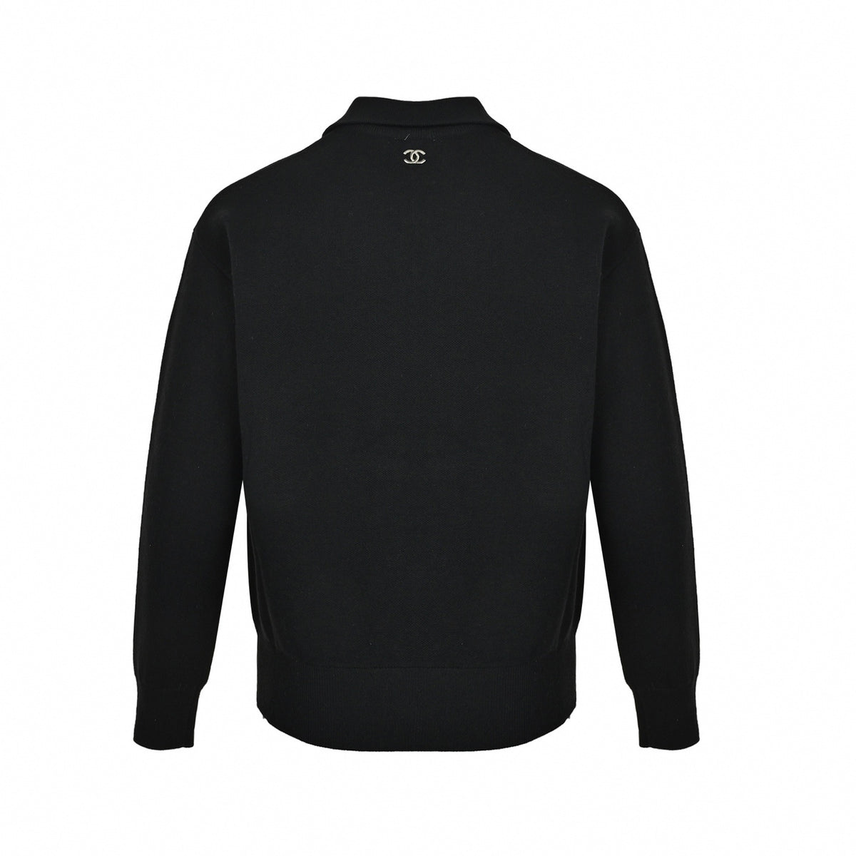 Metal CC Back Logo Half-Zip Wool Knit Sweater in Black