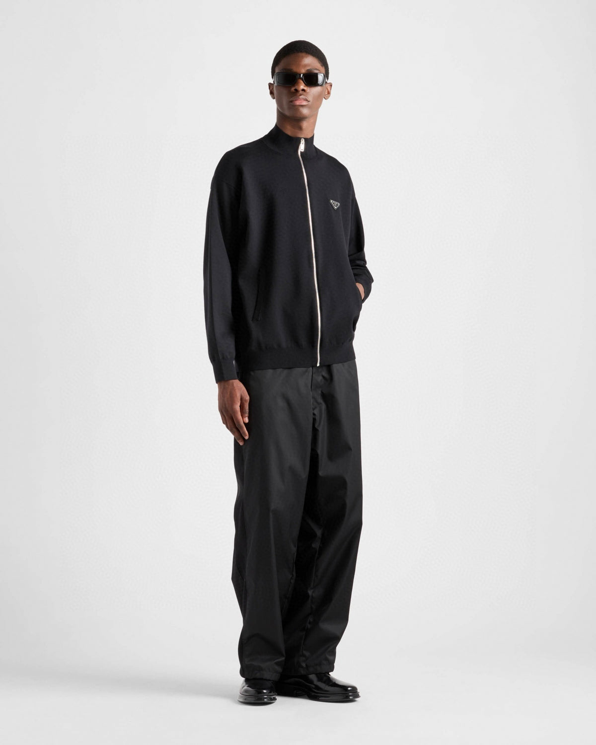Enamel Triangle Logo Full-Zip Wool Knit Cardigan in Black