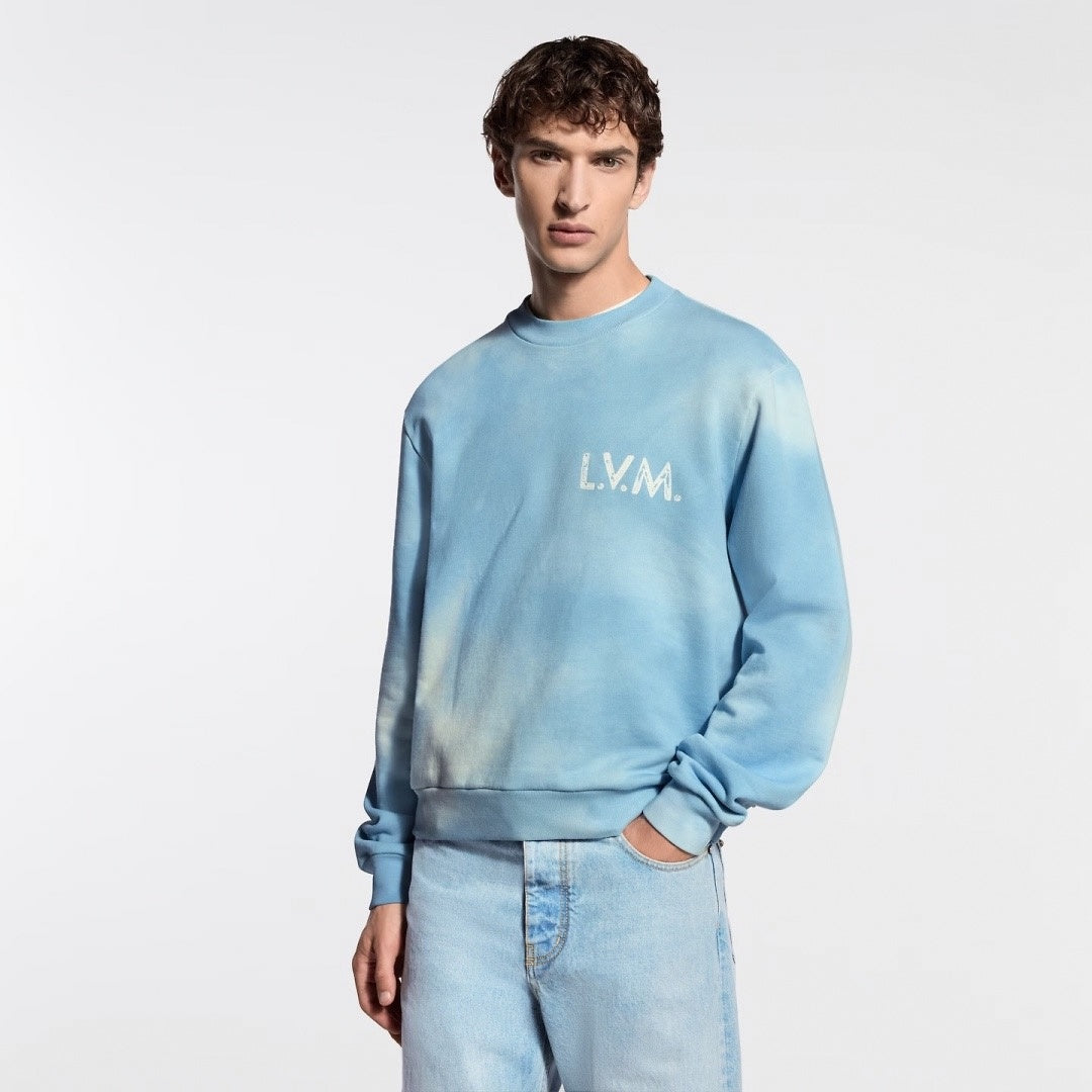 Clouds Wash L.V.M. Embroidered Crewneck Sweatshirt in Sky Blue