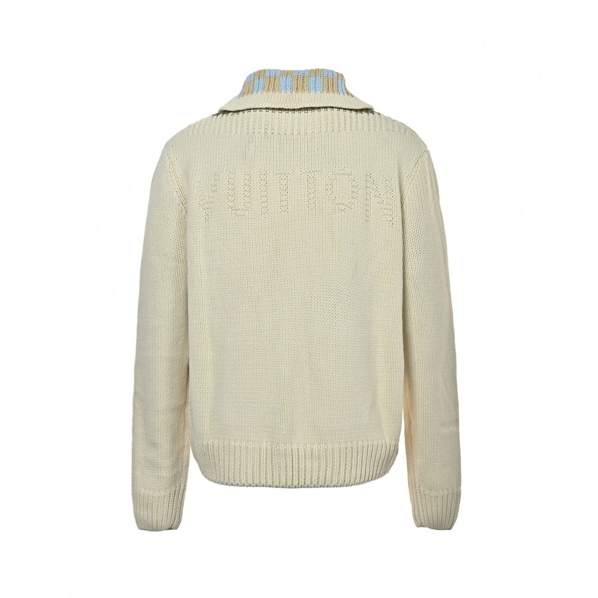 Damier-Trim Pearl-Zip Knit Cardigan