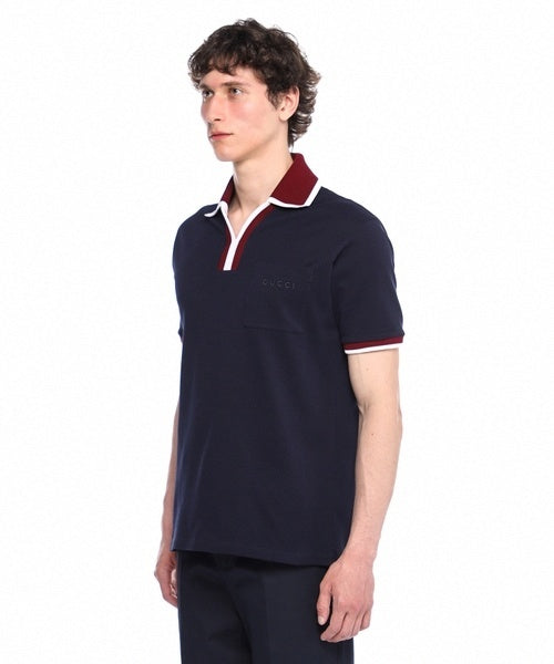 Contrast-Trim Johnny Collar Polo | Navy Blue
