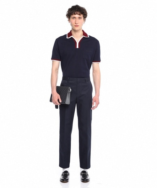 Contrast-Trim Johnny Collar Polo | Navy Blue