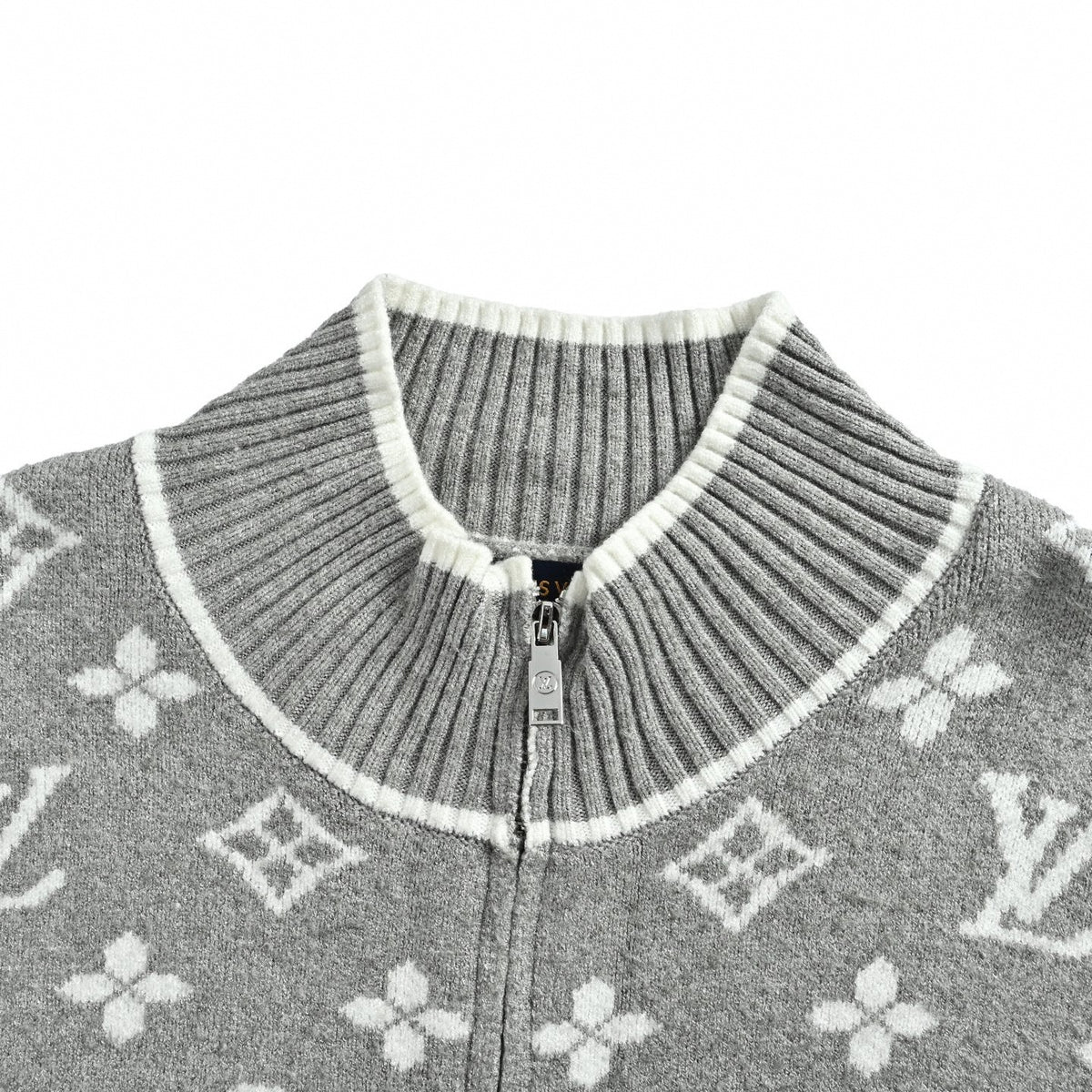 Monogram Jacquard Full-Zip Knit Jacket in Grey & White