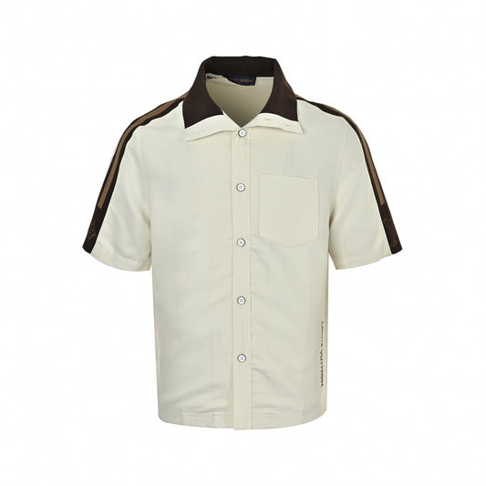 Contrast Stripe Camp Collar Shirt | Cream & Brown