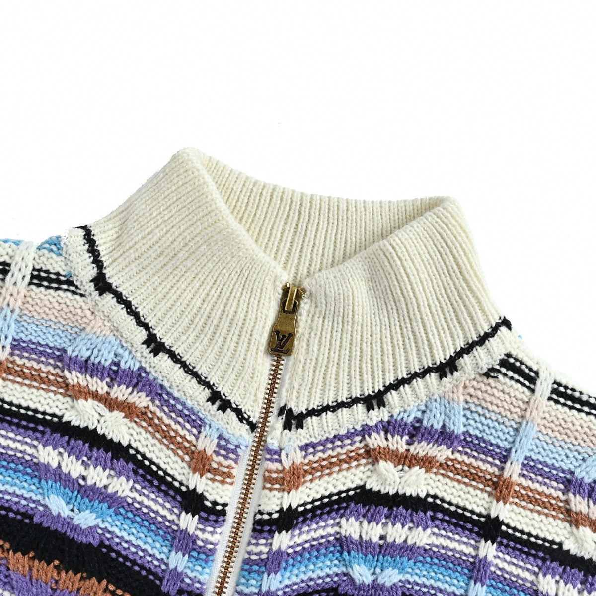 Striped Cable-Knit Full-Zip Sweater Jacket with Leather Patch