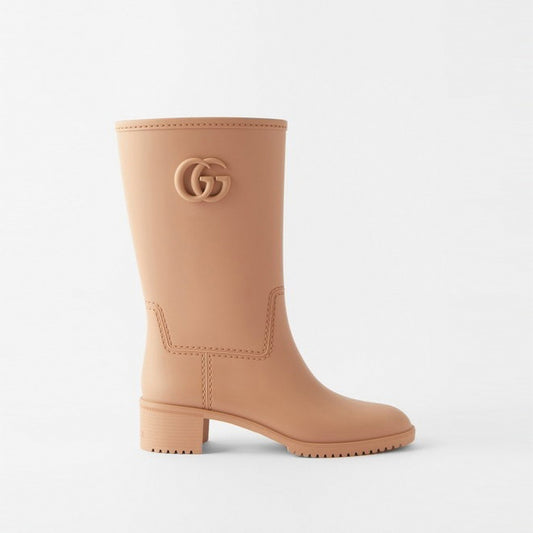 Double G Molded Rubber Heeled Rain Boots in Rose Beige