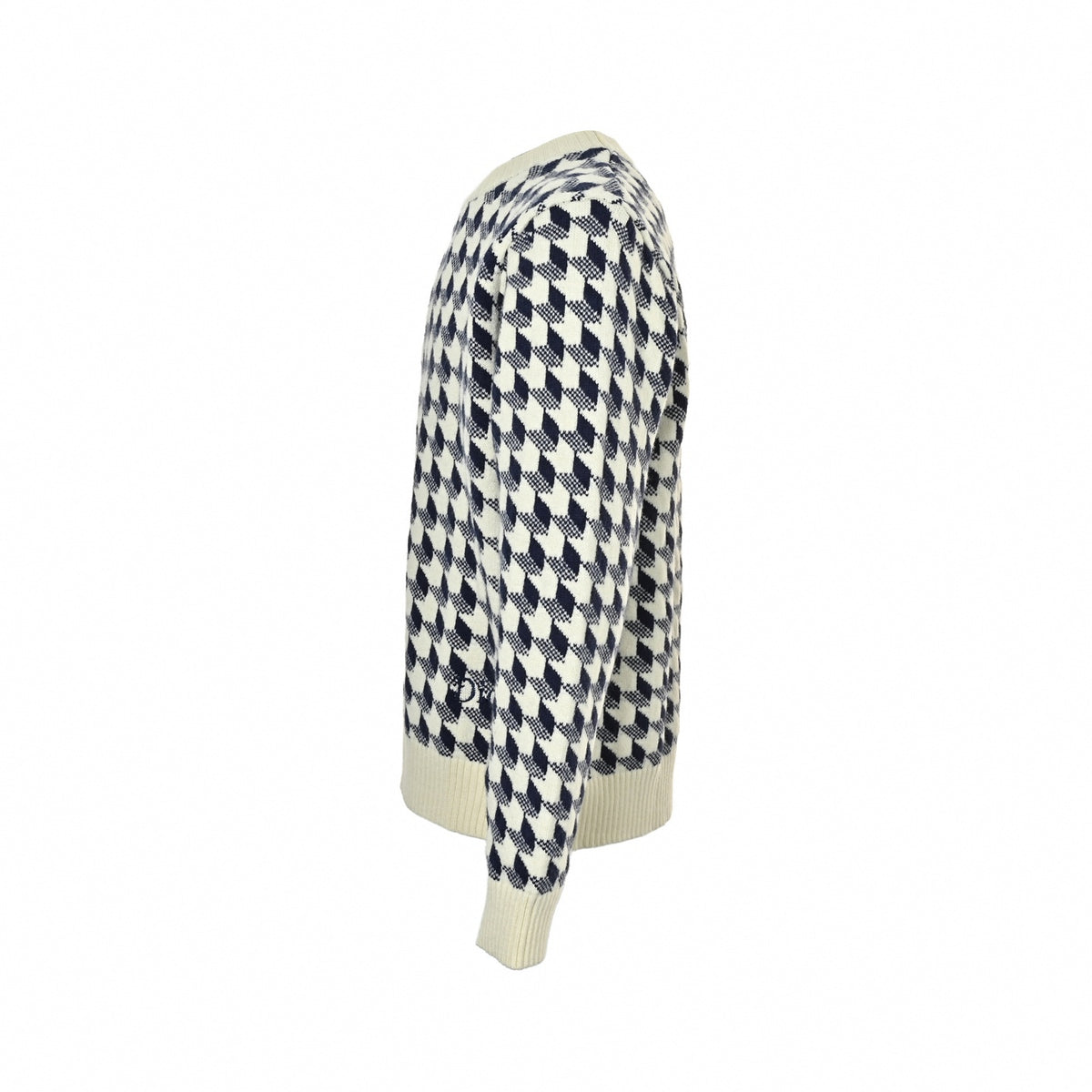 Graphic Jacquard Knit Crewneck Sweater in Off-White & Navy