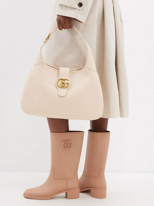 Double G Molded Rubber Heeled Rain Boots in Rose Beige