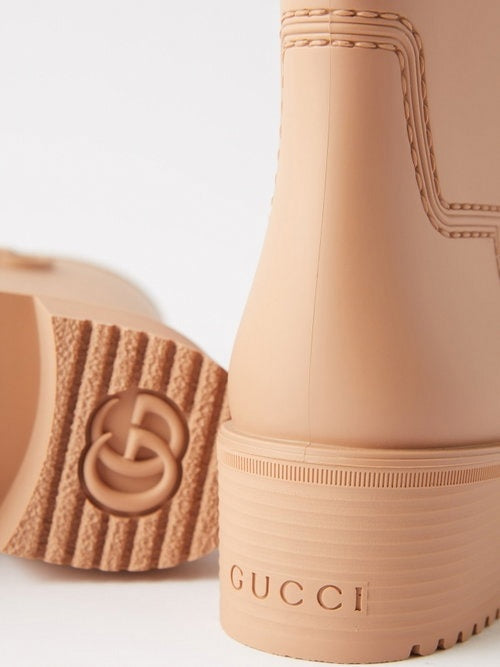 Double G Molded Rubber Heeled Rain Boots in Rose Beige