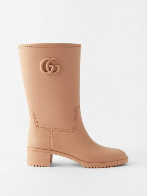 Double G Molded Rubber Heeled Rain Boots in Rose Beige