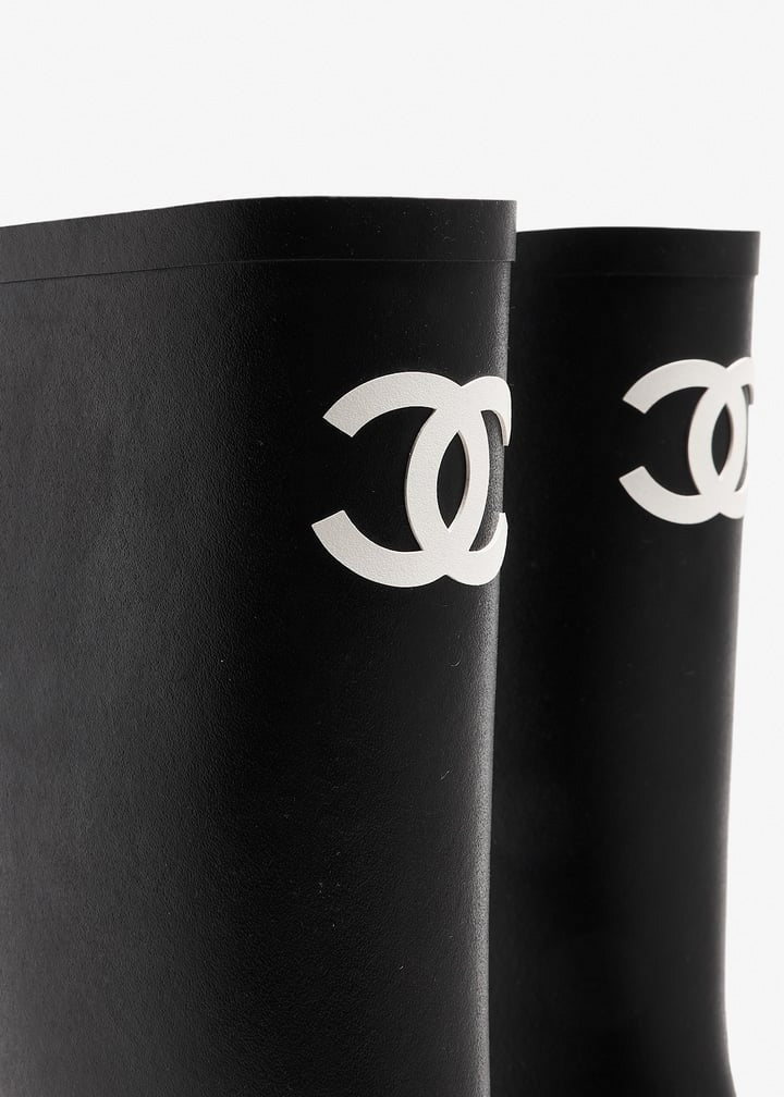 CC Logo Tall Rubber Rain Boots in Black & White