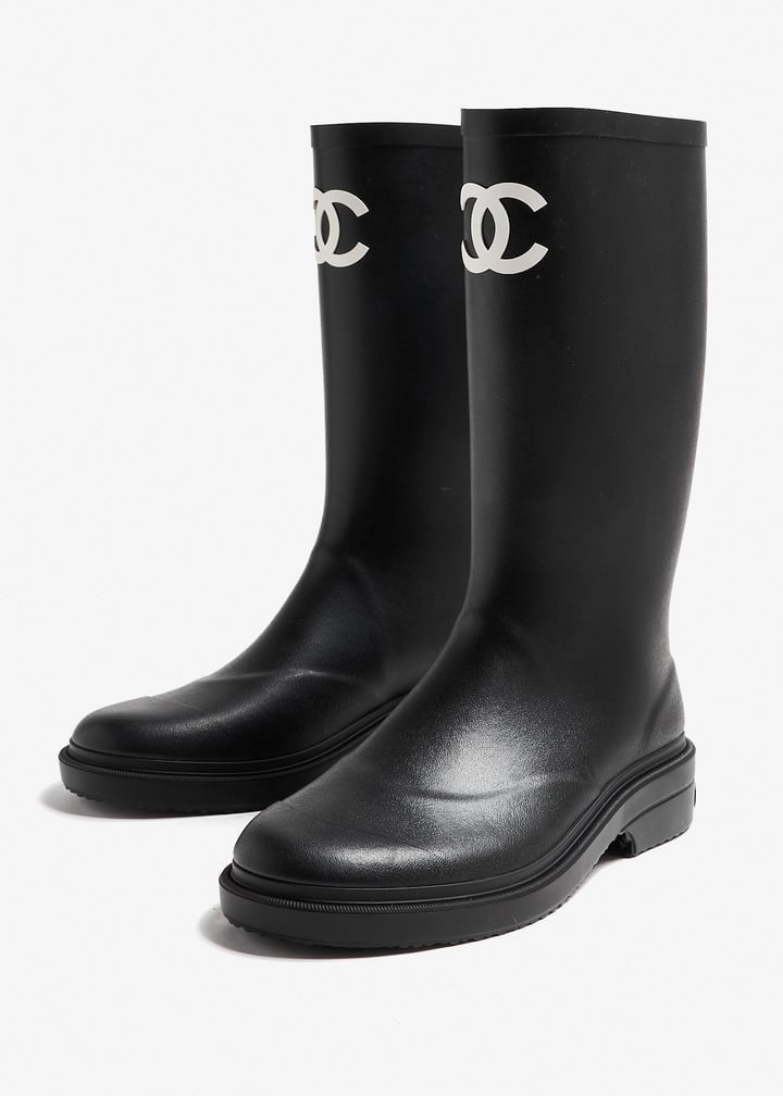 CC Logo Tall Rubber Rain Boots in Black & White