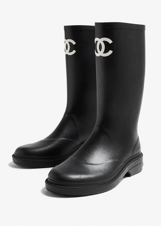 CC Logo Tall Rubber Rain Boots in Black & White